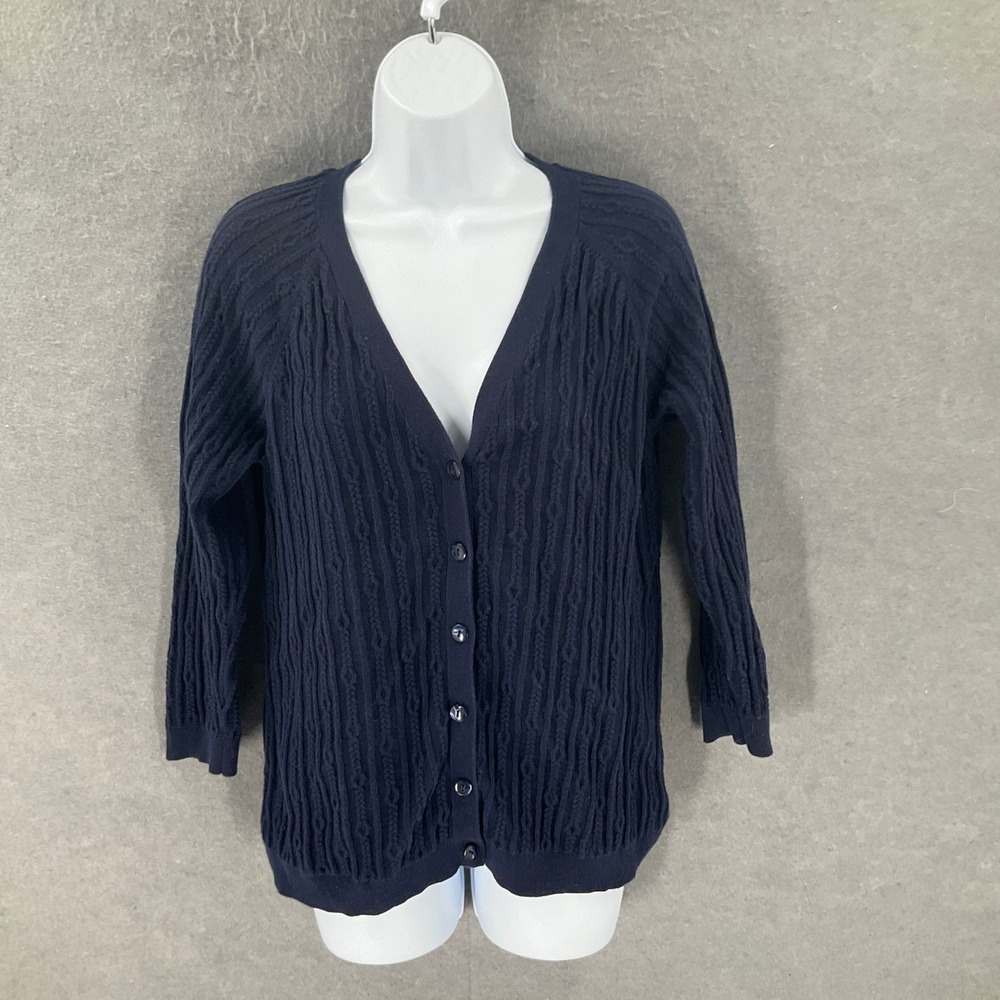 Talbots Women's Blue Cotton Cable Knit 3/4 Sleeve Button Front Cardigan Sz M